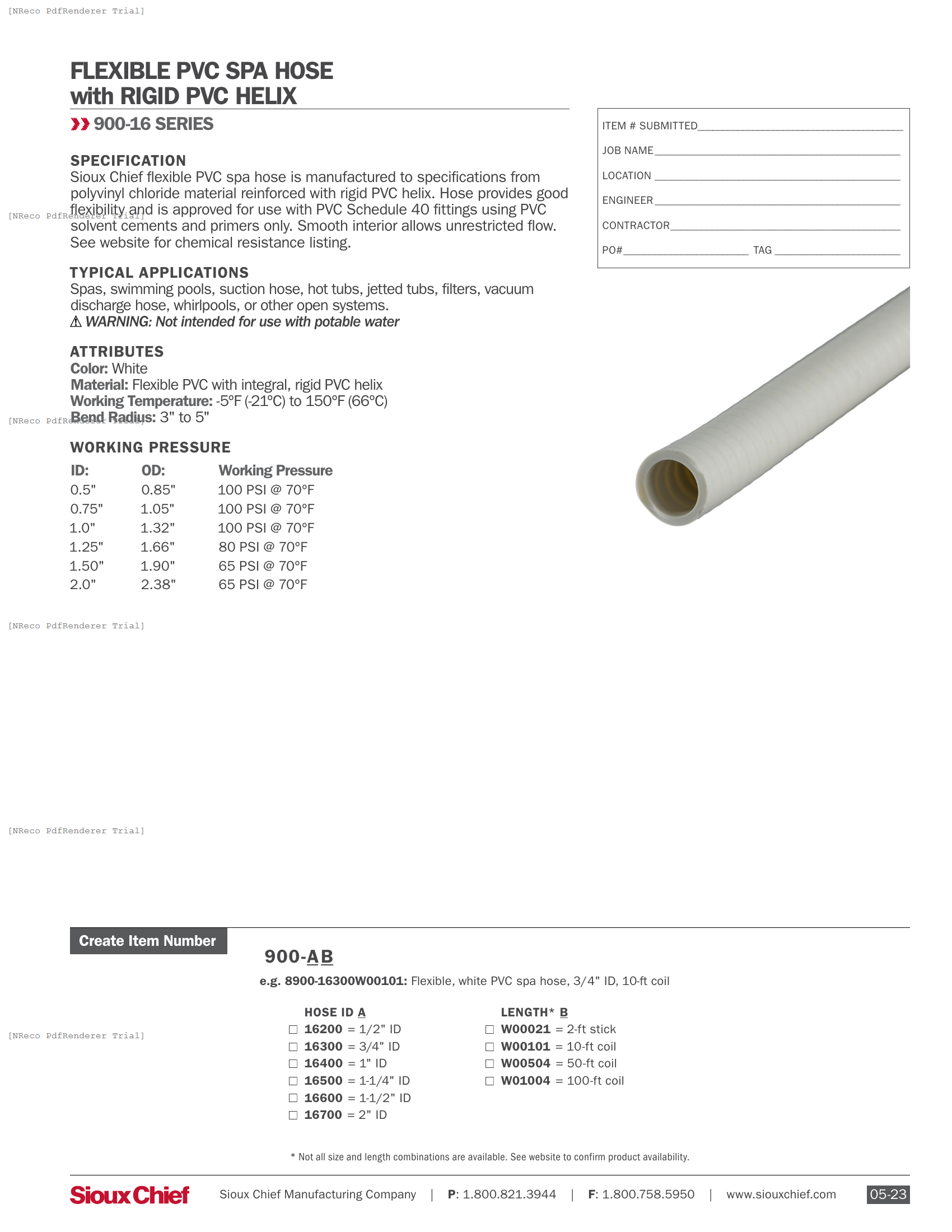 900-16 SERIES - FLEXIBLE PVC SPA HOSE - SPEC SHEET.PDF Specification Document